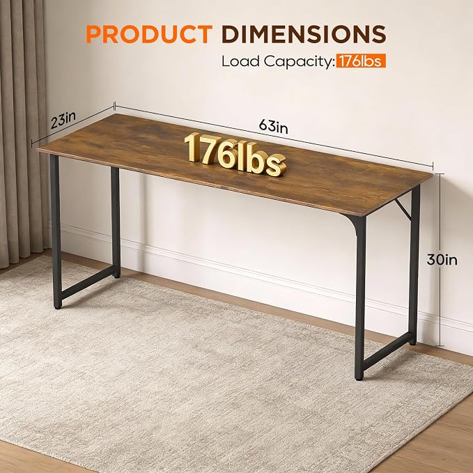 PayLessHere | 63 Inch Computer Desk | Vintage | Office Desk with Metal Frame, Adjustable Feet | Water-Resistant, Scratchproof Surface | Sturdy Writing Table for Home Office or Study | Pack of 1 - Image 3