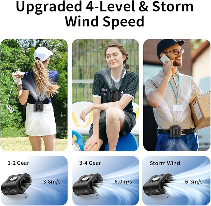 Socool 14500mAh Portable Waist Fan Clip on Belt 360 Rotation Wearable Rechargeable Personal Shirt Fan, 67H Cooling 5-Speed Battery Operated with Light, Neck Fan Hands-Free for Outdoor Jobsite Camping - Image 4