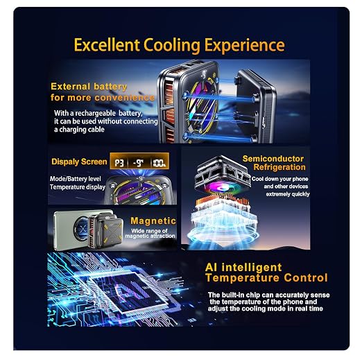 Magnetic Phone Cooler with Battery,Rechargeable Wireless Cooling Fan for iPhone/iPad,Phone Cooling Case Radiator Heatsink with RGB LED for iPhone MagSafe Series/Samsung/Android - Image 3