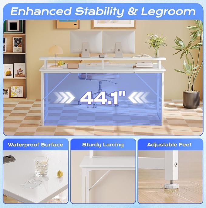 PRAISUN 48 inch Gaming Desk, LED & Power Outlets, Monitor Stand, White | Sturdy PC Desk for Home Office, Study & Work, LED Lights, 4 AC Outlets & USB-C Charging Station - Image 8