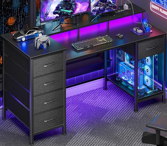 Korfile 47 Inch Computer Gaming Desk with Power Outlets & LED Lights Reversible Home Office Desk with Adjustable 5 Fabric Storage Drawers for Working Writing Study, Carbon Fiber Black | For gaming and working,built-in power outlets and LED lights,5 fab... by Korfile