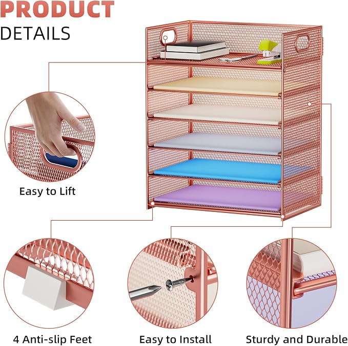 Marbrasse 6 Tier Paper Organizer Letter Tray - Mesh Desk File Organizer with Handle, Paper Sorter Organizer for Letter/A4 Office File Folder Holder - Rose Gold - Image 4