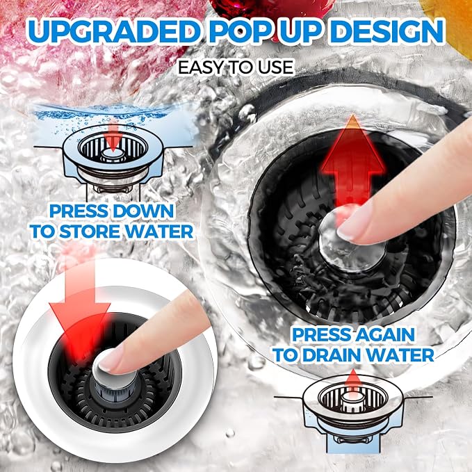 3 in 1 Kitchen Sink Drain Strainer Stopper Removable Basket Pop-Up | Kitchen Sink Accessories 3 Pack Black Stainless - Food Catcher, Odor-Blocking Seal, Fits 3.5" Drain, Easy Clean - Image 3