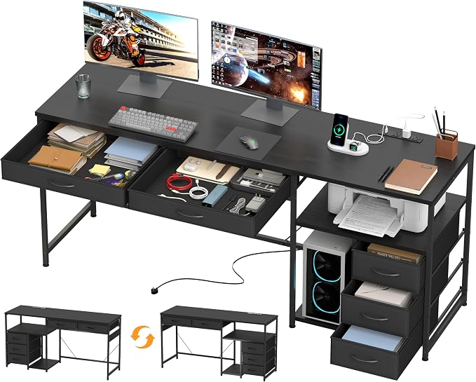 YOSHOOT 60" Computer Desk with 5 Fabric Drawers, Gaming Desk Table | Desk with Storage and Power Outlets, for Adults and Teenagers Working Writing Study, Black by YOSHOOT