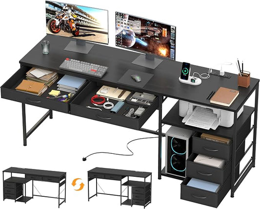 YOSHOOT 60" Computer Desk with 5 Fabric Drawers, Gaming Desk Table | Desk with Storage and Power Outlets, for Adults and Teenagers Working Writing Study, Black by YOSHOOT