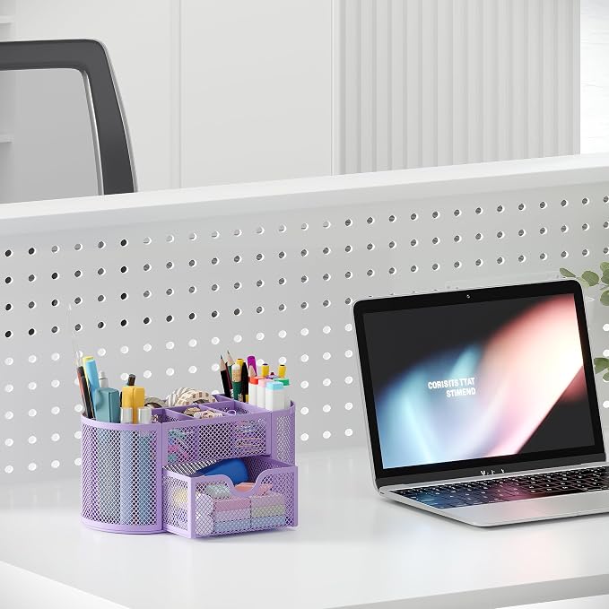 EasyPAG Mesh Pen Holder Desk Organizer with Drawer Stationery Supplies Organizer for Dorm School 9 Compartments Workspace Desk Accessories Organization for Office (Light Purple) - Image 5