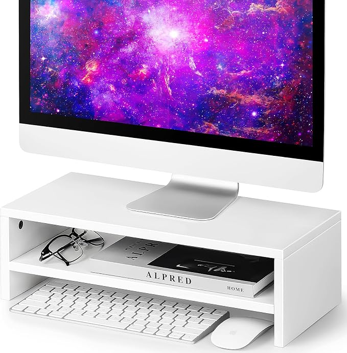 BEYGORM White Monitor Stand Riser for Desk,2 Tiers Wood Desk Shelf Computer Screen Stand with Storage for Desktop Laptop/Screen/TV/PC/Printer,Multifunctional Desktop Organizer 16.5 x 7.8 x 5.2 inch | Computer Screen Stand with Storage, For Desktop Lapt... by BEYGORM