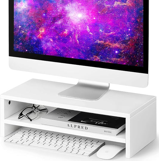 BEYGORM White Monitor Stand Riser for Desk,2 Tiers Wood Desk Shelf Computer Screen Stand with Storage for Desktop Laptop/Screen/TV/PC/Printer,Multifunctional Desktop Organizer 16.5 x 7.8 x 5.2 inch | Computer Screen Stand with Storage, For Desktop Lapt... by BEYGORM