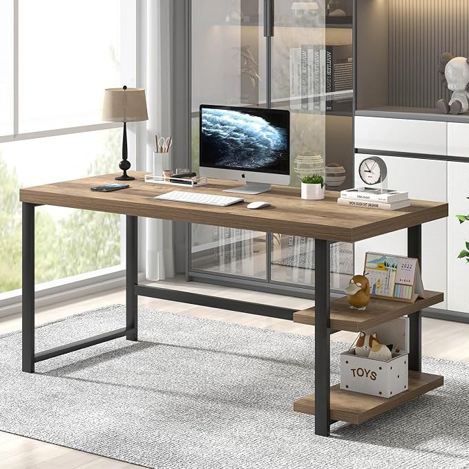 FOLUBAN 60 Inch Home Office Desk, Large Computer Desk with Storage Shelves, Modern Wood and Metal Writing Study Gaming Table Workstation for Living Room, Rustic Oak - Image 3