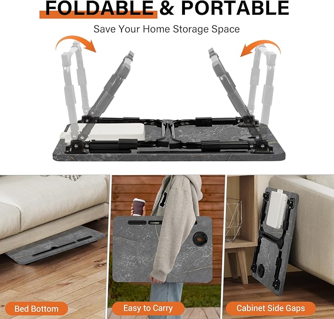 Lap Desk for Bed, Adjustable Laptop Desk with USB Charging Port, Storage Drawer & Bookshelf — Foldable Bed Desk for WFH & Students, 23.6" Desktop Fits 17" Laptop, Non-Slip, Deep Stone Texture - Image 7