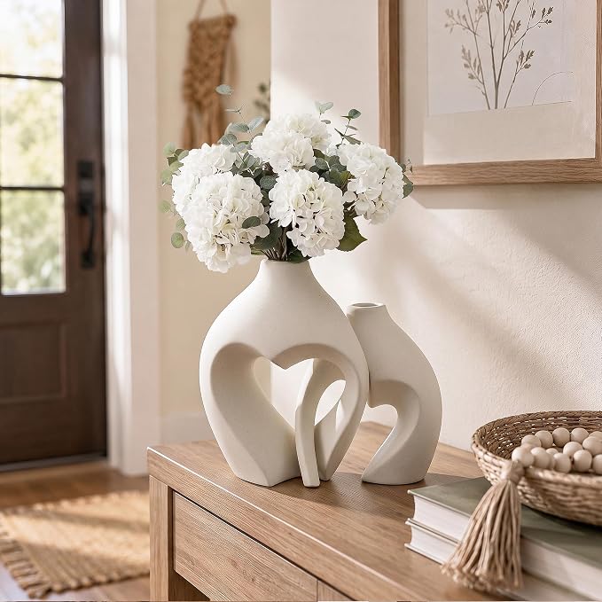 White Ceramic Flower Vase Home Table Decor Heart Shaped Vase Set of 2 | Boho Heart Shaped Minimalist Decorative Vases for coffee Table Centerpiece Wedding Dining Living Room Office House Decoration - Image 8
