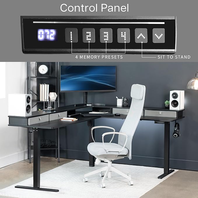 VIVO Black 75 x 63 in Corner Standing Desk, DESK-E3CVB-75 | Electric, 2-Tier, L-Shaped, Sit Stand, Height Adjustable, Memory, Black Top, Black Frame, Light Gray Drawers - Image 5