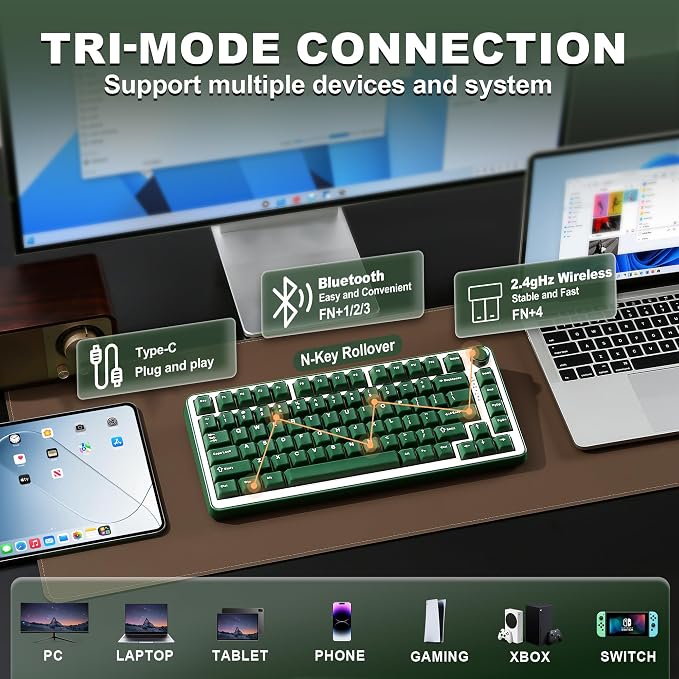 YUNZII B75 PRO 75% Wireless Mechanical Keyboard (Olive Green,Milk Switch) | Hot Swap Keyboard with Knob, Gasket Mount, Creamy Pre-lubed Switch for Smooth Typing, BT/USB-C/2.4G, for Gaming - Image 3