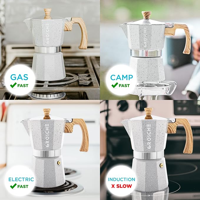 GROSCHE Milano Moka pot, Stovetop Espresso maker, Greca Coffee Maker, Stovetop coffee maker and espresso maker percolator (Grey, 9 cup) | Cuban Coffee Maker And Italian Moka Pot For Stovetop Espresso; For Gas, Electric, And Propane Stoves With A Soft-T... - Image 5