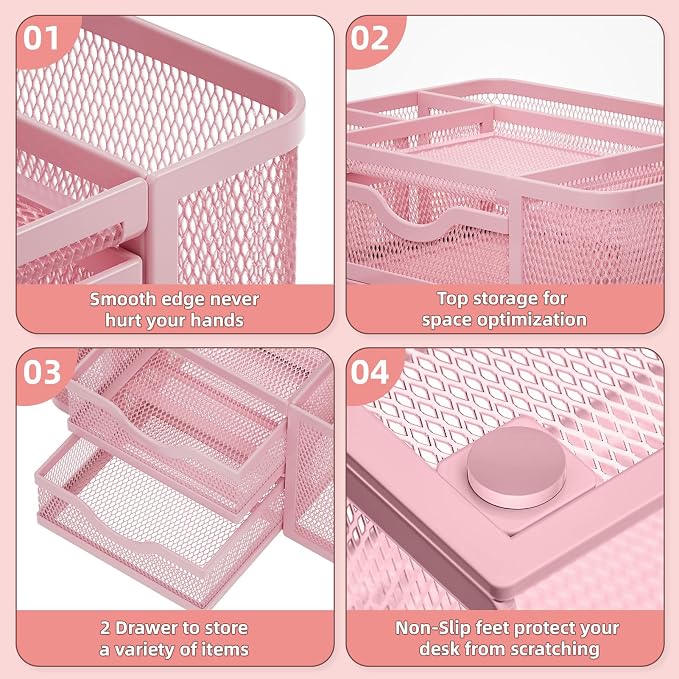 Marbrasse Mesh Desk Organizer, Pen Organizer with 2 Drawer, Multi-Functional Pencil Holder, Desk Organizers and Accessories with 5 Compartments + Drawer for Office Art Supplies (Pink) - Image 5