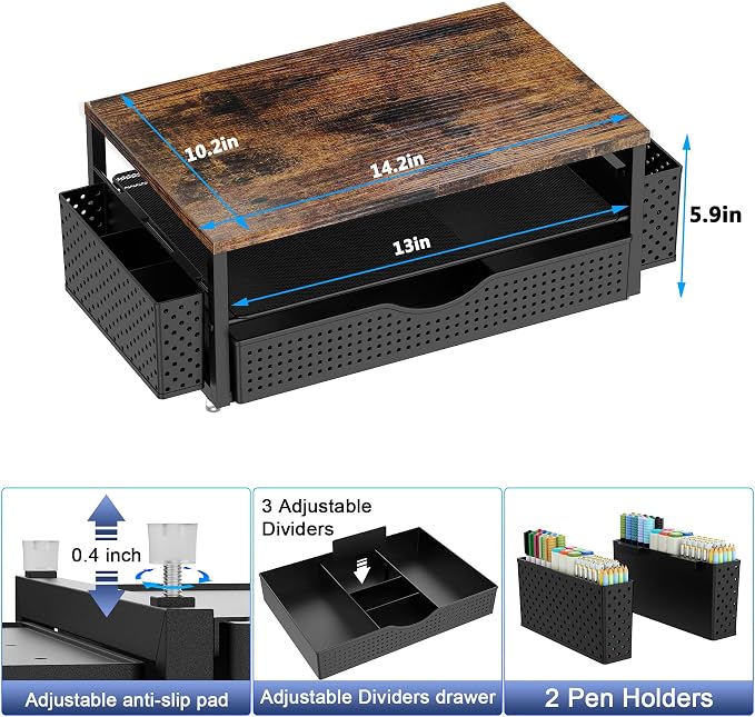 Spacrea Desk Organizer and Accessories, Computer Monitor Stand Riser with Drawer and 2 Pen Holders, Office Desk Accessories & Workspace Organizers for Office Supplies (Wood) - Image 6