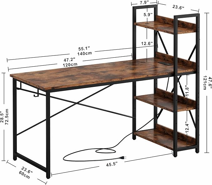 IRONCK Computer Desk 55" with Power Outlet and Storage Shelves,Rustic Brown | Study Writing Table with USB Ports Charging Station, PC Desk Workstation for Home Office - Image 5