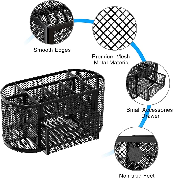 EasyPAG Mesh Pen Holder Desk Organizer with Drawer Stationery Supplies Organizer for Dorm School 9 Compartments Workspace Desk Accessories Organization for Office, Black - Image 4