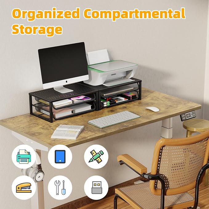 Ekisemio 2-Pack 2-Tier Monitor Stand Riser with Drawer, Metal Computer Desk Organizer for Home Office, Black - Image 4