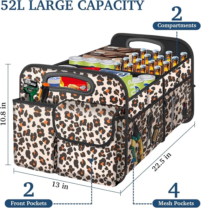 Femuar Car Trunk Organizer, Trunk Storage Organizer with Large Capacity Waterproof Collapsible Trunk Organizer for Car Suv/Jeep/Sedan (Leopard Print, Standard) - Image 2