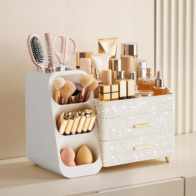 HBlife Makeup Organizer with Brush Holder for Vanity, Large Plastic Bathroom Countertop Organizer Skin Care Storage, Easy to Store Nail Polishes, Perfumes, Eyeshadow Palettes, Pearl All White - Image 2