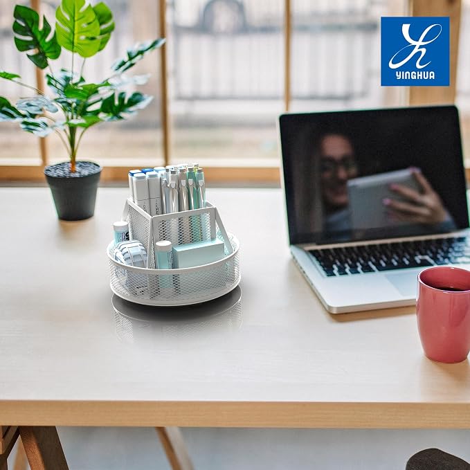 YINGHUA Metal Mesh Desk Organizer with 5 Compartments and Rotating Pencil Holder Pen and Stationery Organizer for Office Home School Anti Slip Base White - Image 7