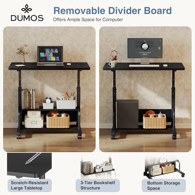 DUMOS Rolling Desk, Storage Shelves, Laptop Table, Home Office | Height Adjustable Design, Computer Desks on Wheels, Portable for Small Spaces Use, Black - Image 5