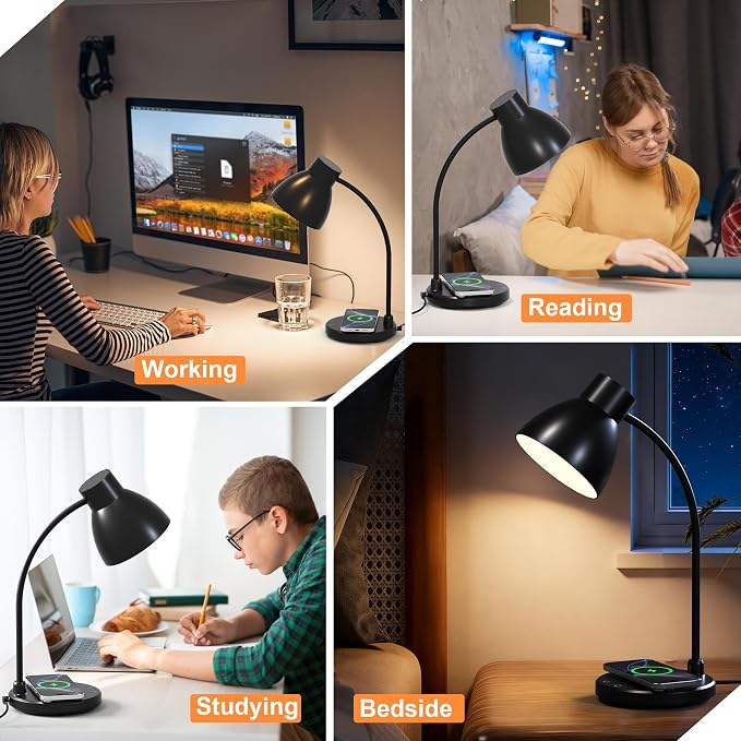 LED Desk Lamp for Home Office with Wireless Charger, Black | 3 Color Modes Dimmable Eye-Caring Study Reading Dorm Desk Lamp, 360° Flexible Arm Table Lamp for College Dorm Room, 800 Lumen - Image 8