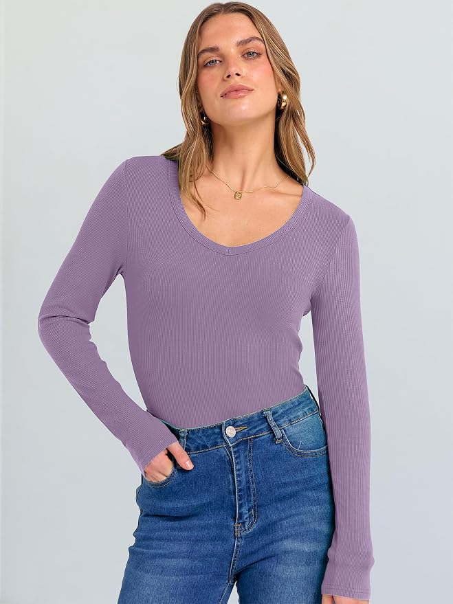 ANRABESS Long Sleeve V Neck Shirts for Women | Soft Comfy Ribbed Knit Fitted Tshirts, Casual Going Out Tops, 2026 Trendy Basic, Fall Winter Underscrub Layering Clothes - Image 2