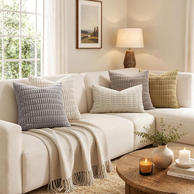 MIULEE Pack of 2 Corduroy Decorative Euro Sham Throw Pillow Covers 24x24 Inch Soft Boho Striped Pillow Covers Modern Farmhouse Home Decor for Sofa Living Room Couch Bed Cream White - Image 5