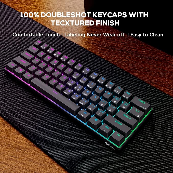 RK ROYAL KLUDGE RK61 60% Wireless Mechanical Keyboard w/Coiled Cable, Black | RGB Gaming Keyboard with Bluetooth/2.4G/Wired, Hot Swappable 61 Keys Ultra-Compact for Win/Mac/PC Game, Tactile Brown Switch - Image 3