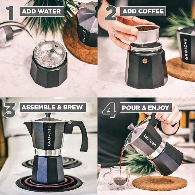 GROSCHE Milano Stovetop Espresso Maker Moka Pot 3 espresso Cup - 5 oz, Black - Cuban Coffee Maker Stove top coffee maker Moka Italian espresso greca coffee maker brewer percolator | Cuban Coffee Maker And Italian Moka Pot For Stovetop Espresso; For Gas... - Image 8