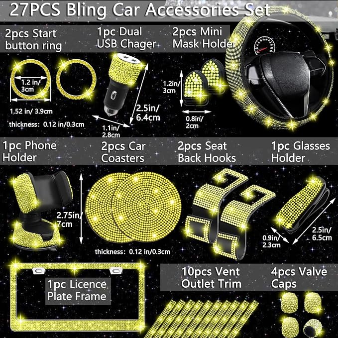 NBTEPEM 27 PCs Yellow Bling Car Accessories Set for Women, Steering Wheel Covers Universal Fit 15 Inch, Bling License Plate Frame, Bling Phone Holder, Bling Car Coasters (Yellow Diamond) - Image 3
