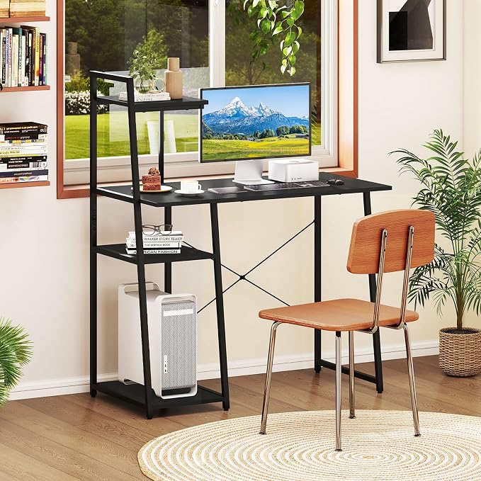 Giantex Computer Desk with Shelves, 47.5” Home Office Desk with Bookshelf, Host Stand, Metal Frame, PC Laptop Workstation, Modern Study Writing Desk for Bedroom, Small Space (Black) - Image 2