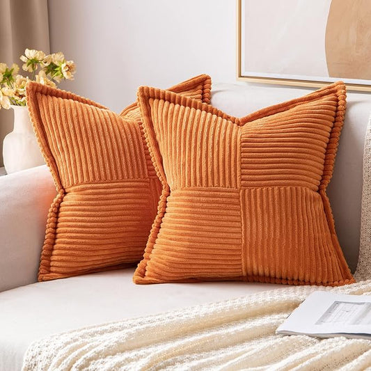 MIULEE Fall Orange Decorative Throw Pillow Covers for Couch Bed Livingroom 20x20 Inch Set of 2 Boho Accent Throw Pllows Broadside Striped Patchwork Soft Corduroy Pillowcases by MIULEE