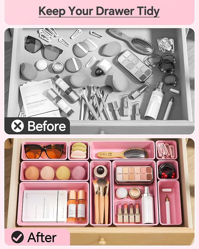 KEMETHY 25 PCS Plastic Drawer Organizers Set, 4 Sizes Vanity Organizer | Makeup and Desk Drawer Organizer Trays, Organization and Storage for Makeup, Bathroom, Kitchen Utensils and Office (Pink) - Image 3