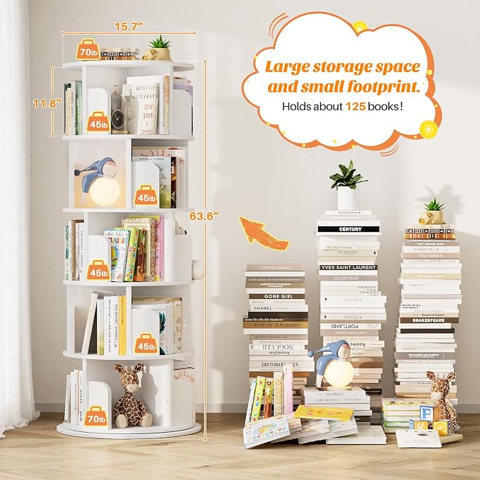 Aheaplus Rotating Bookshelf, 360 Display Wood Spinning Bookshelf Tower, 5 Tier Floor Standing Bookcase Storage Rack, Revolving Bookcase Corner Bookshelfs for Small Space, Bedroom, Study Room, White - Image 7