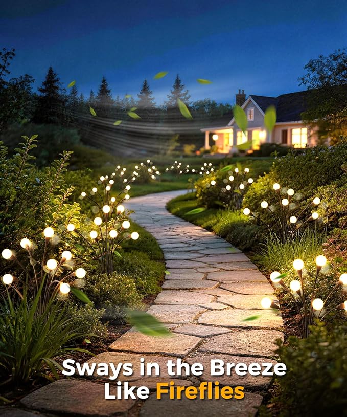 8 Pack Solar Garden Lights 64 LED, Solar Lights Outdoor Waterproof IP65, Decorative Garden Lights Solar Powered for Yard Decor, Outside Solar Firefly Fairy Lights Garden Gifts - Image 6