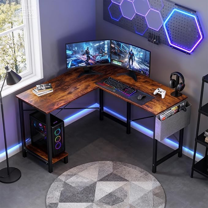 OLIXIS L Shaped Desk, 50-Inch Office Computer Gaming Desks Corner PC Table with Side Bag and Reversible Shelf for Home Work Study Writing Rustic Brown | Side Bag, Reversible Shelf, Home Work Study Writing, PC Workstation, Easy Assembly, Rustic Brown - Image 4