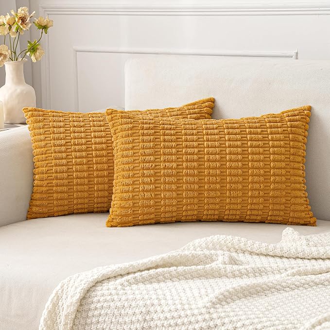 MIULEE Pack of 2 Corduroy Decorative Lumbar Throw Pillow Covers 20x12 Inch Soft Boho Striped Pillow Covers Modern Farmhouse Home Decor for Summer Sofa Living Room Couch Bed Gold Yellow by MIULEE