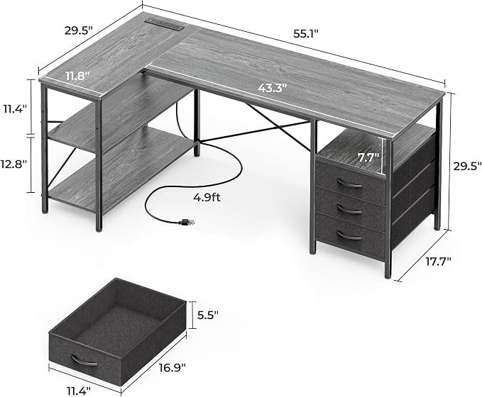 Huuger L Shaped Office Desk with Power Outlets, 55 Inch Computer Desk with 3 Drawers, Shelves, Reverisble for Gaming Corner Work Home Office Study, Grey - Image 3