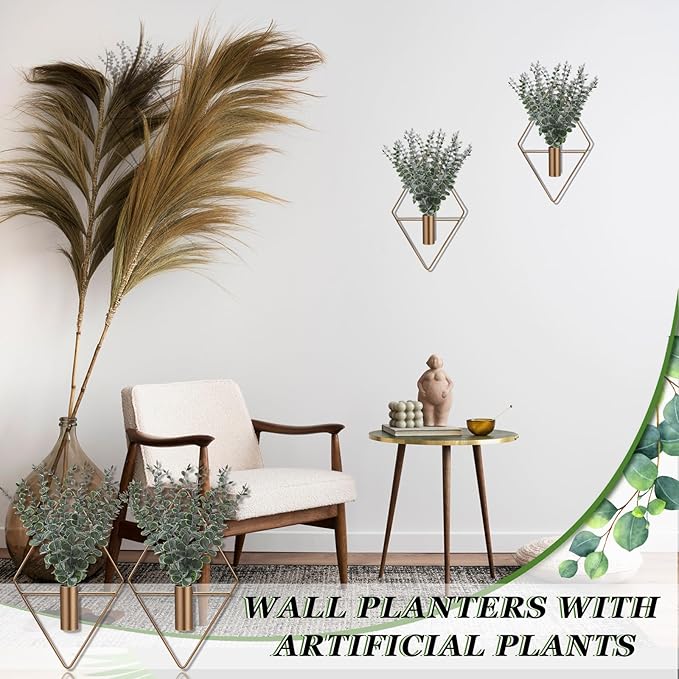 Jexine 4 Pcs Hanging Planters with Artificial Eucalyptus Metal Hanging Vase Indoor Plants Holder Modern Geometric Boho Bathroom Wall Decor for Living Room Home Office (Eucalyptus,Bronze) - Image 5