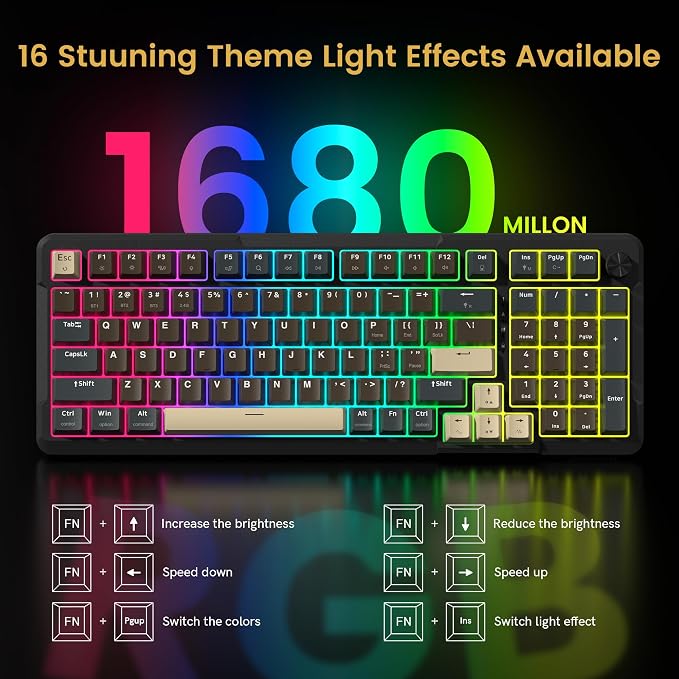 Redragon K742 Wireless Mechanical Gaming Keyboard with Knob, Bluetooth 5.0/2.4GHz/USB C Wired Creamy Keyboard with Number Pad for PC Computer, RGB Backlits, Hot-Swappable with Linear Switches (Brown) - Image 7
