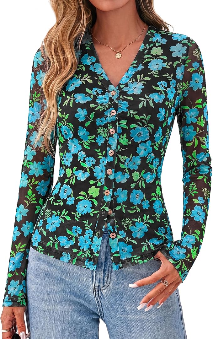 BTFBM Button Down Shirts for Women 2026 Fall Boho Tops V Neck Long Sleeve Blouses Ruched Mesh Fitted Fashion Clothing - Image 5