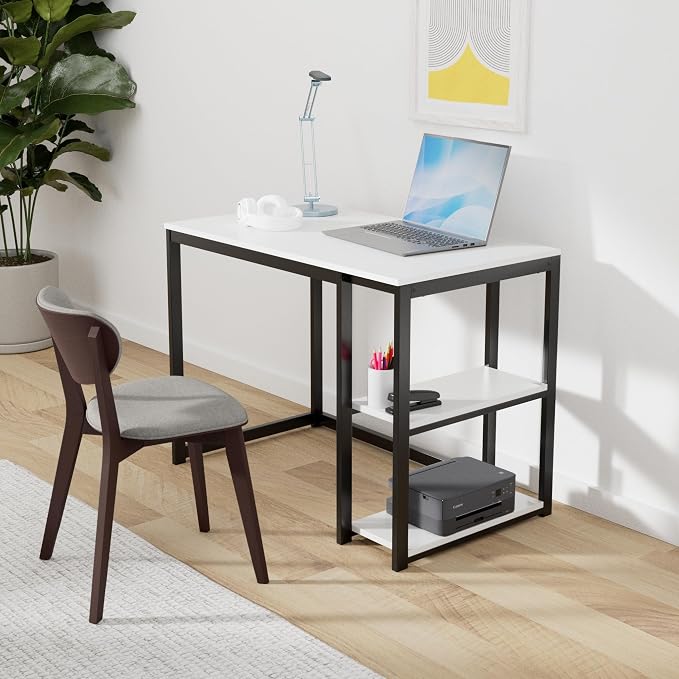 SINPAID Computer Desk 47 inches with 2-Tier Shelves Sturdy Home Office Desk with Large Storage Space Modern Gaming Desk Study Writing Laptop Table, White Desk - Image 2