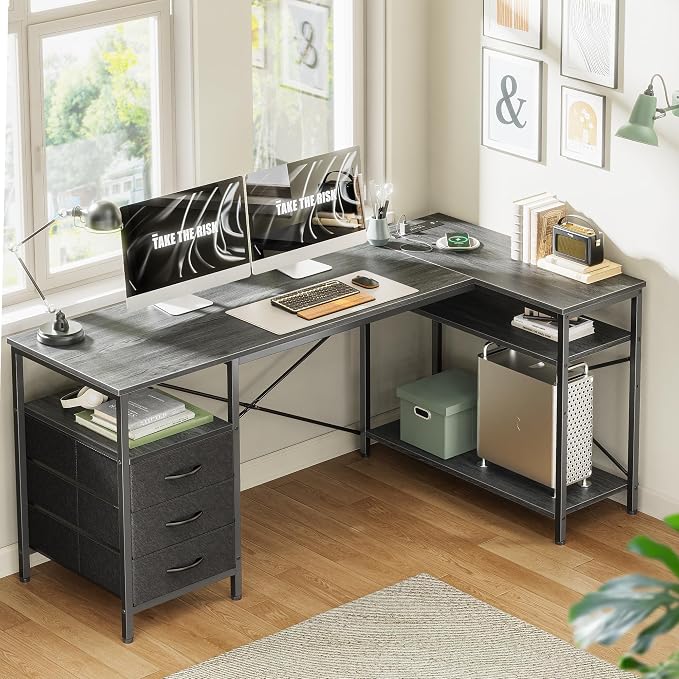 Huuger L Shaped Office Desk with Power Outlets, 55 Inch Computer Desk with 3 Drawers, Shelves, Reverisble for Gaming Corner Work Home Office Study, Grey - Image 2