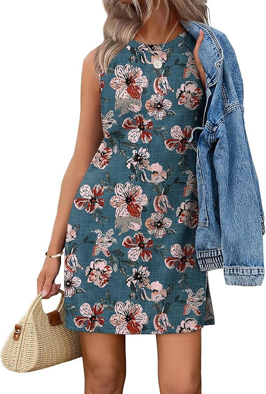 WIHOLL Casual Dresses for Women Crewneck Sleeveless Tank Dress Summer Spring Boho Vacation Clothes by WIHOLL