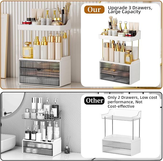 StorBin Arcylic 5-Tier Makeup & Skincare Organizer for Vanity, Bath | Smooth 3 drawers, clear body, gold frame, non-slip, for perfumes, serums, face masks, palettes, vanity & bath counter,Grey - Image 2