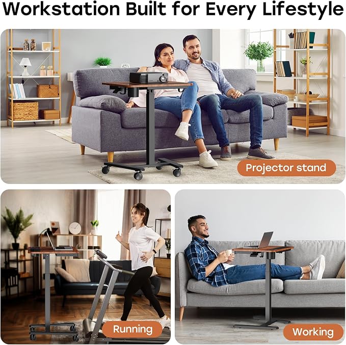 Small Mobile Standing Desk with Drawer, 23.6" x 19.7" Top | Height Adjustable Portable Laptop Desk with Wheels & Cup Holder, Sit Stand Computer Workstation for Compact Space, Dark Wood - Image 9