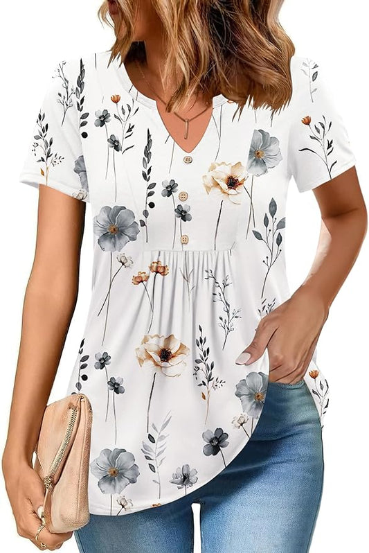 Zeagoo Womens Short Sleeve Tops Summer Henley V-Neck Tshirts Casual Pleated Blouse Dressy Loose Floral Basic Tee by Zeagoo